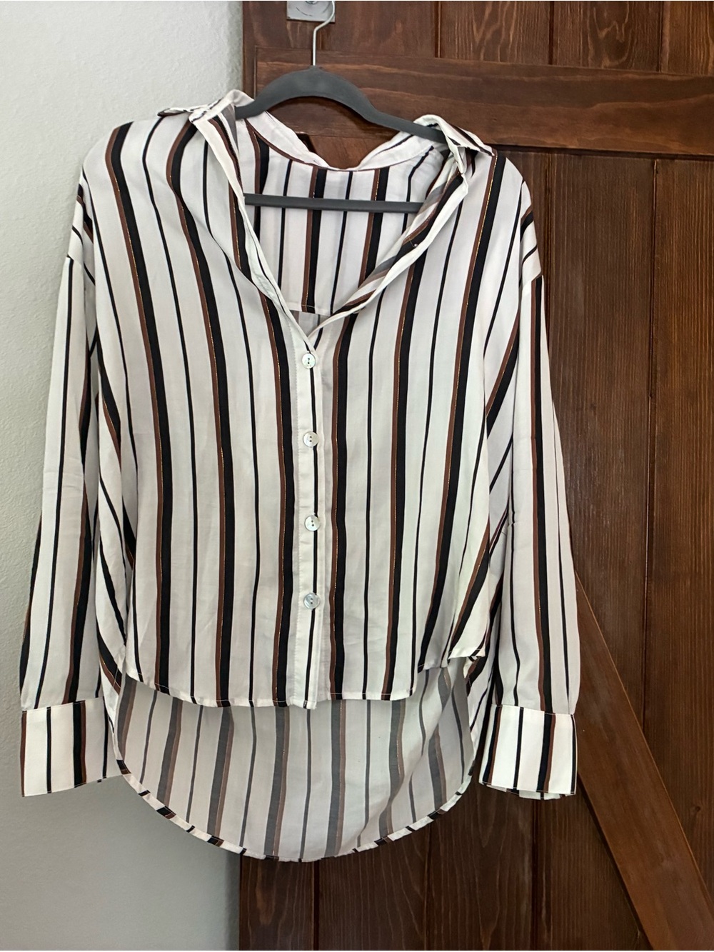 Bella Dahl Cream Button-Down Shirt with Brown and Black Stripes gold thread